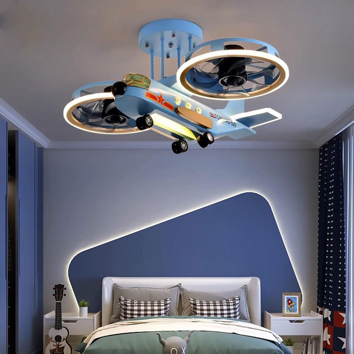 CUNTO Lampadario a forma di aeroplano blu Lampadario moderno per camera da letto per ragazzi Studio Lampada da soffitto per camera dei bambini 68W LED Luce variabile a 3 colori con telecomando