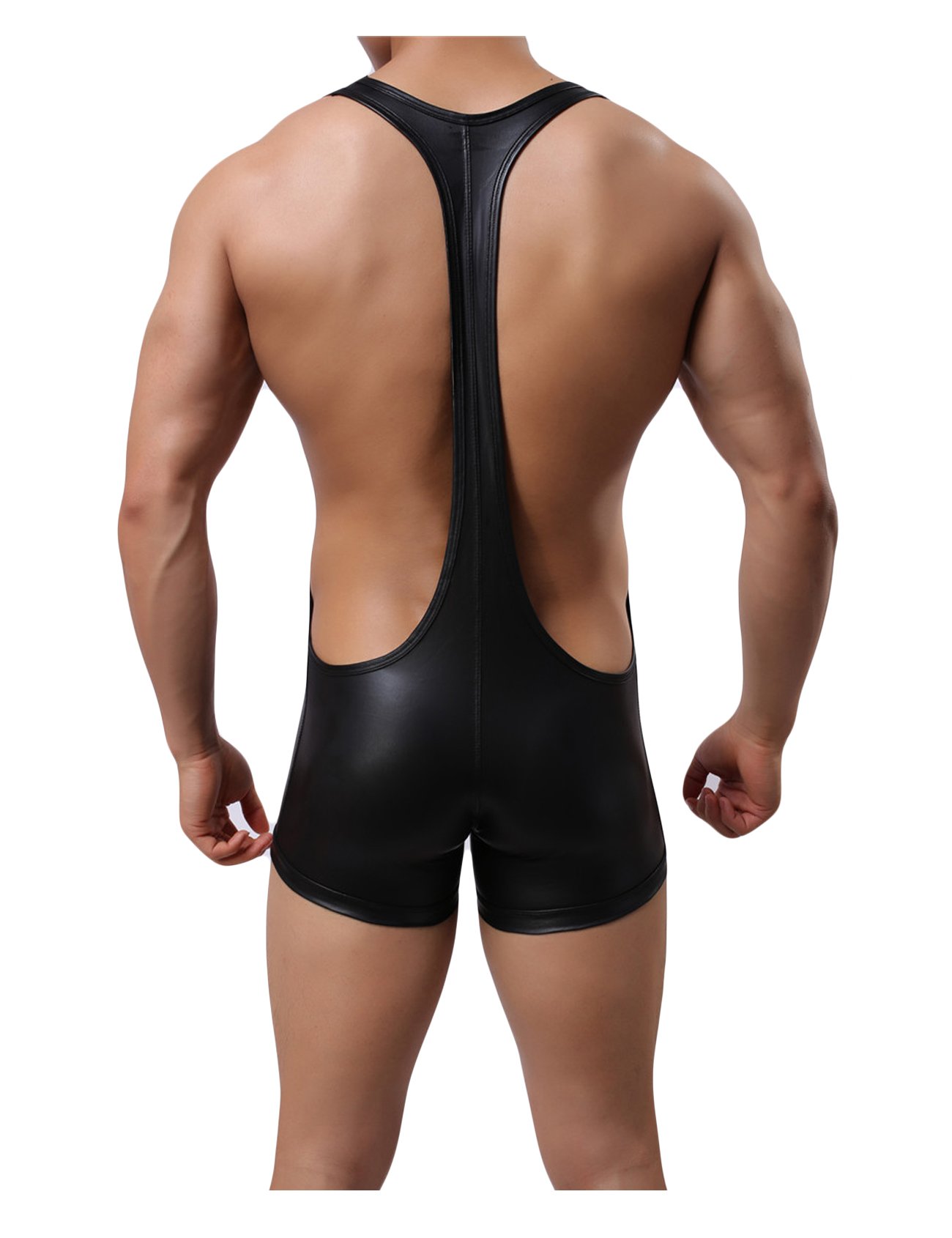 Jueshanzj Mens Boxer Faux Leather Suspenders Bodysuit Wrestling Singlet Black Large