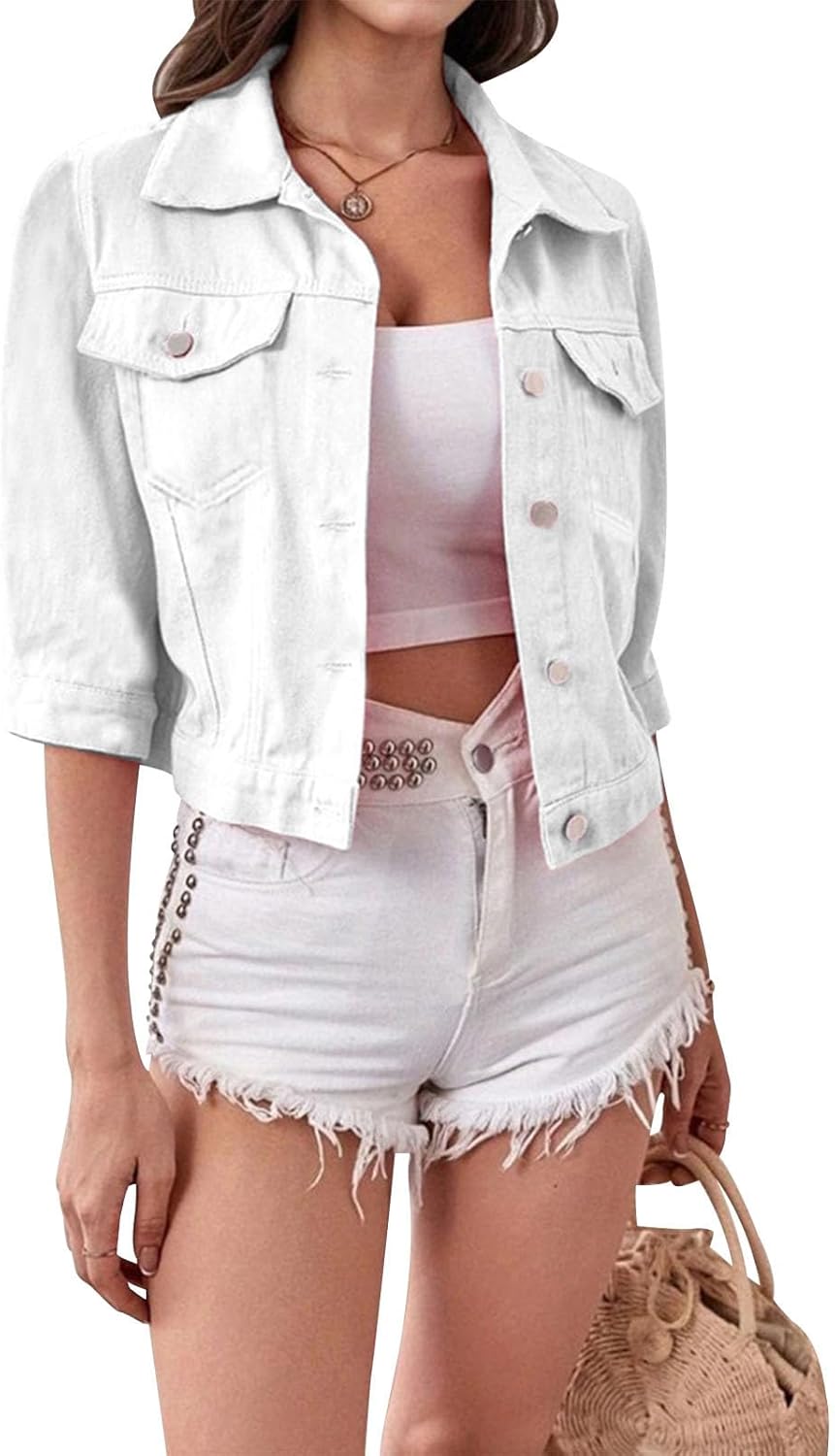 Denim Shacket Jacket for Women,3/4 Sleeve Button Down Tops Casual Trendy Jean Shacket for Women Denim Tops