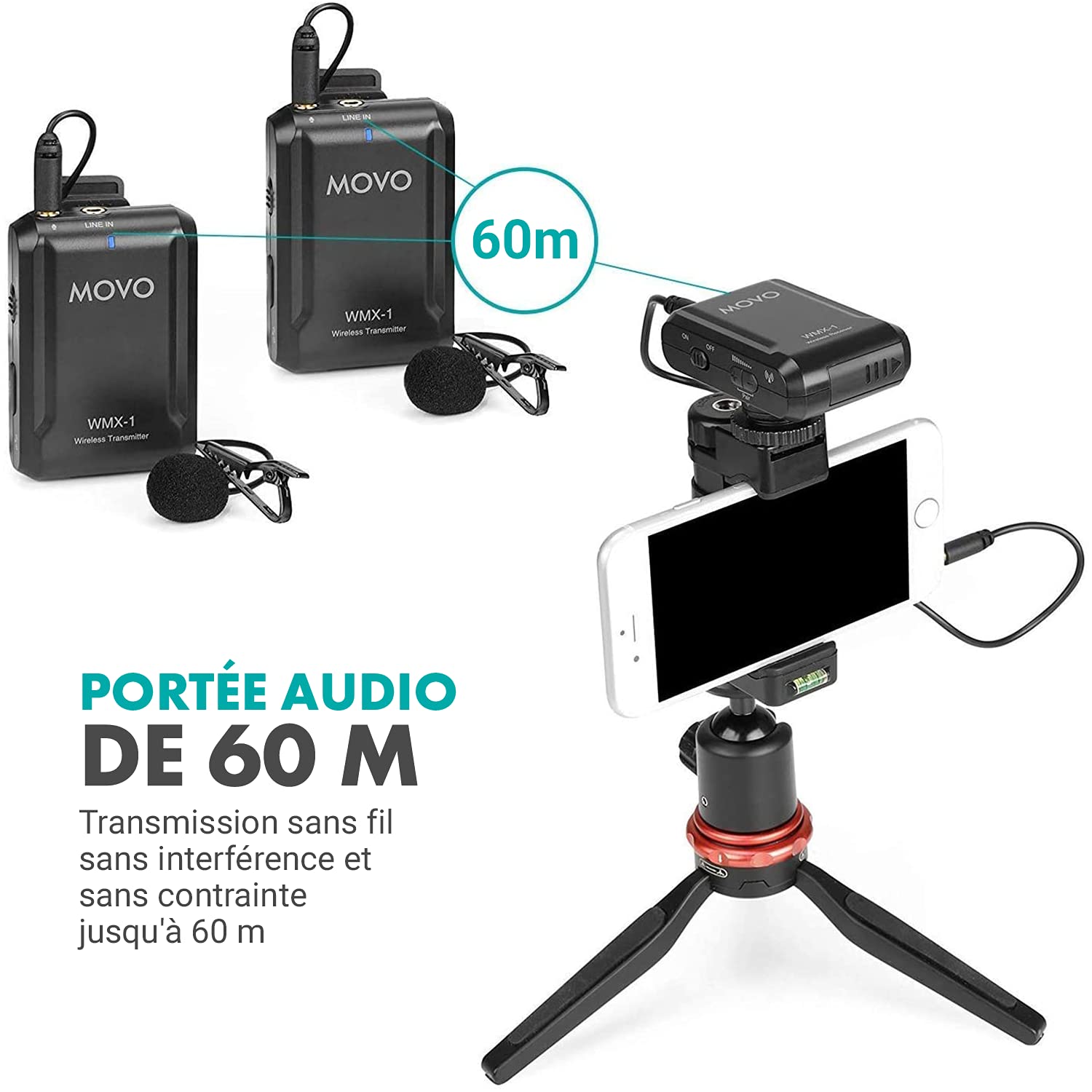 Movo WMX-1-DUO 2.4GHz Système de Microphone Lavalier sans Fil Micro Cravate Kit Transmission Audio Compatible avec DSLR, Appareils Photos, iPhone, Android et Tablettes (portée 60 mètres)