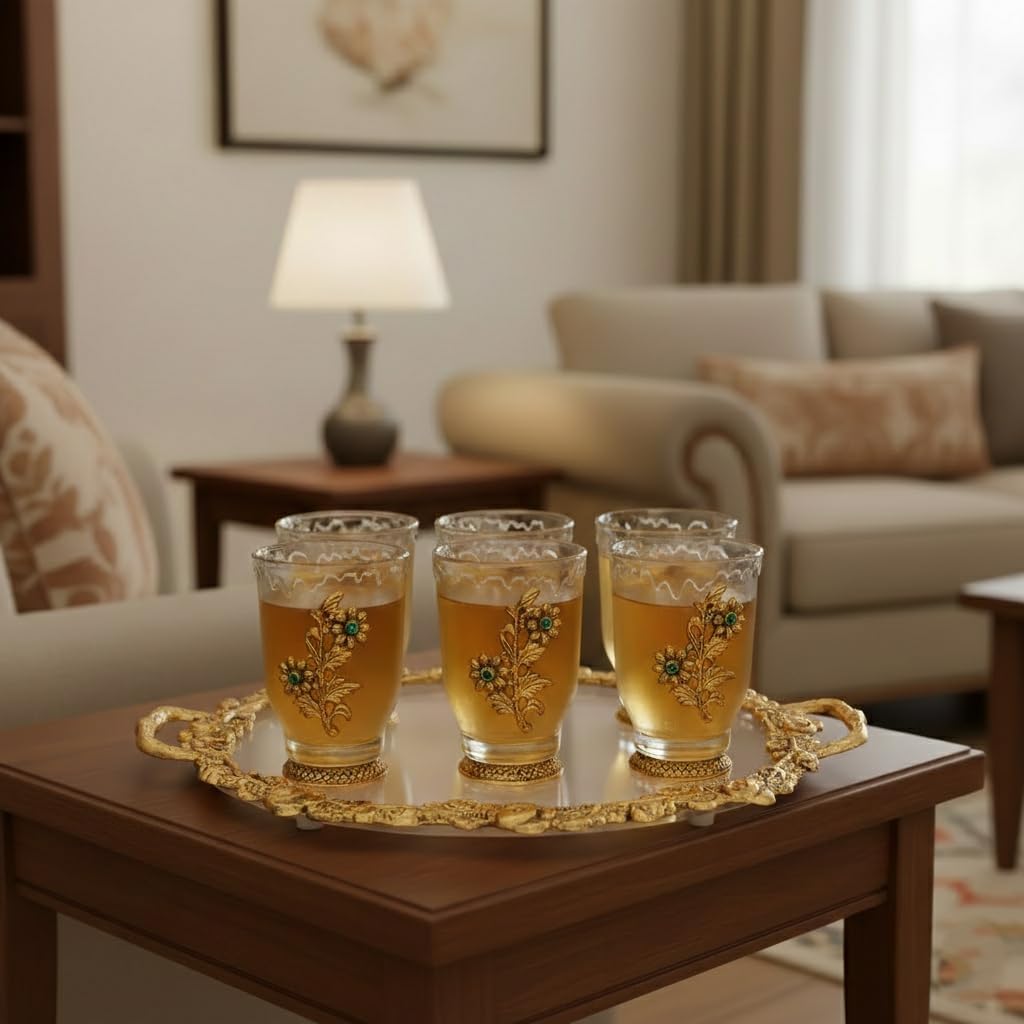 NATRIEL German Silver Vintage Floral Glass Set, 6 Decorative Glasses with Golden Base and Serving Tray, Emerald Stone Embellished