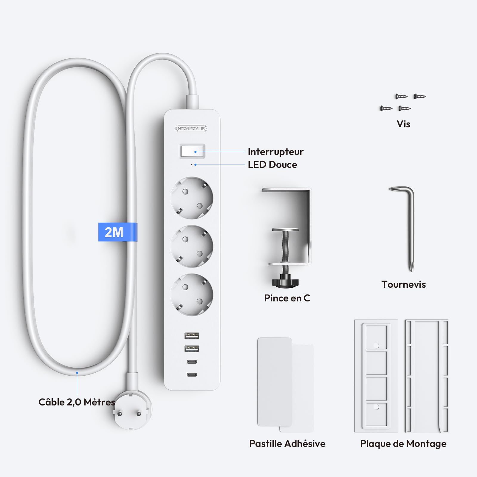NTONPOWER Listwa zasilająca na biurko z USB-C, 3-gniazdowa listwa zasilająca z zaciskającą klipsem, kabel 2 metry, wielogniazdowa listwa zasilająca do biura, 2500 watów, biała