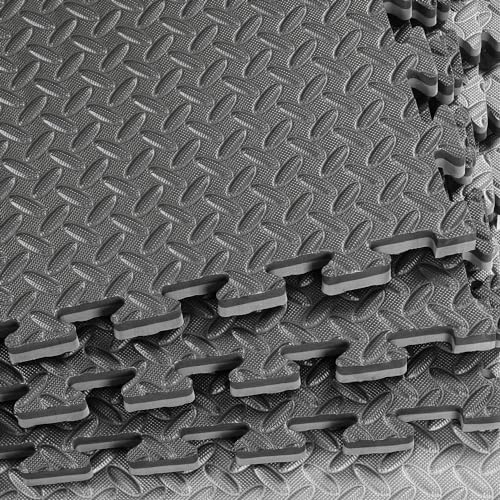 Xspec 1" Extra Thick 48 sq ft Reversible EVA Gym Foam Floor Mat Tiles (24" x 24"), Steel Pattern, 12 pcs, Black & Grey