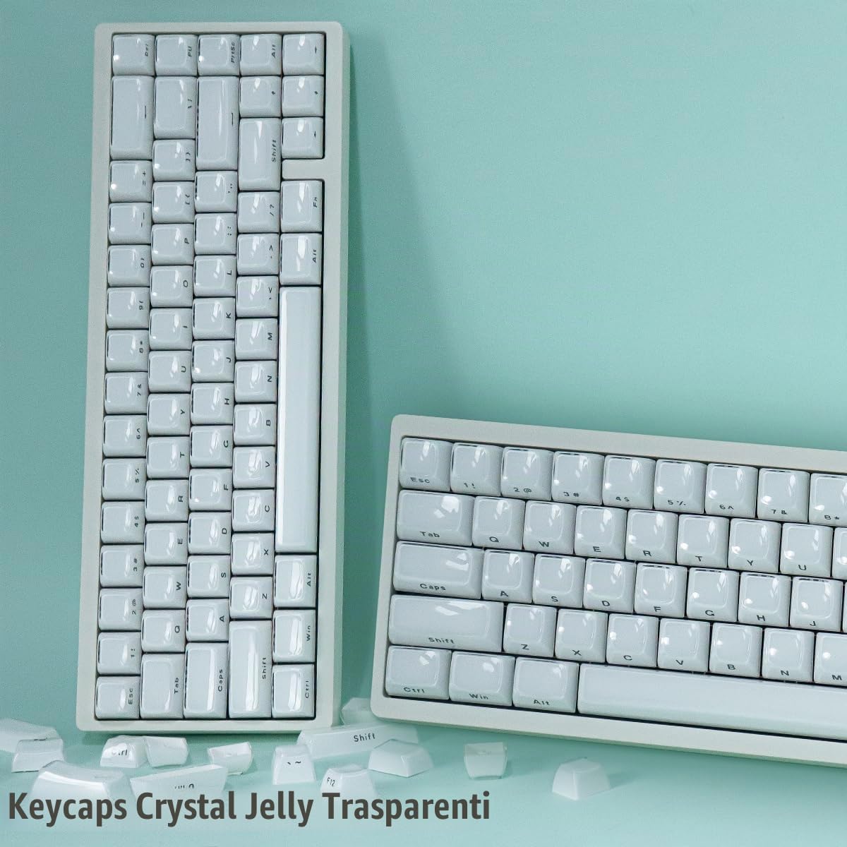 JakeTsai Copritasti in gelatina di cristallo, keycap in PBT, 113 tasti, profilo OEM, double shot, bianco traslucido, con stampa laterale personalizzata, per switch Cherry MX e tastiera meccanica con