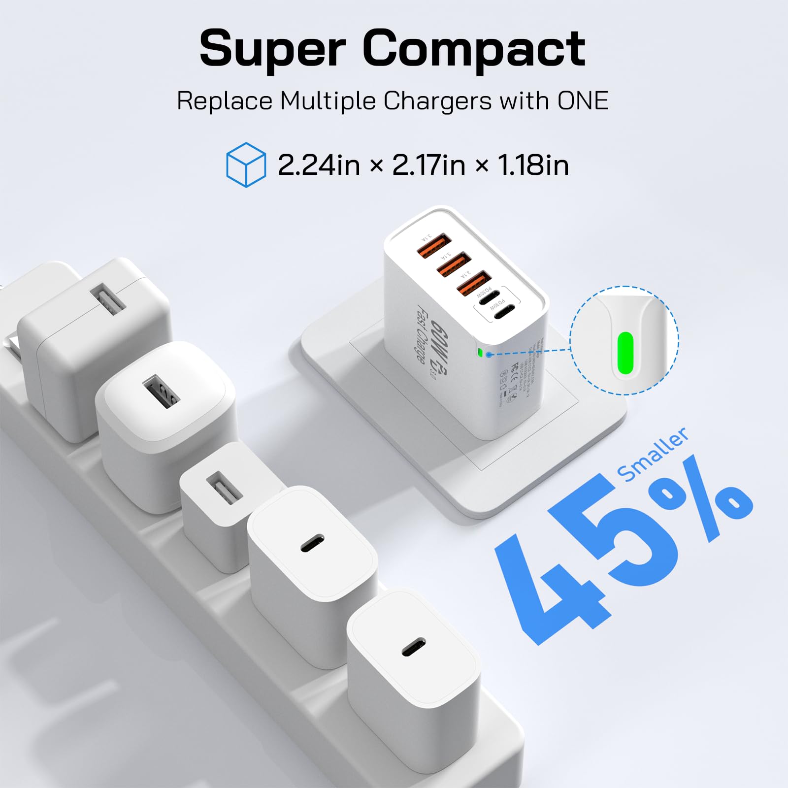 Paquete de 3 bloques de carga rápida USB C, 60 W, 5 puertos, cargador de pared USB C de 30 W, bloque de carga tipo C, 2 USB C + 3 USB A PPS/PD 3.0, cubo de carga multipuerto para iPhone 16, 15, 14, 13