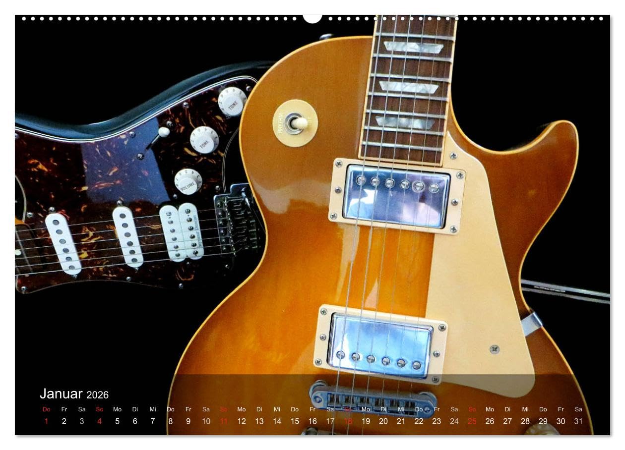 SAITENSPIELE (hochwertiger Premium Wandkalender 2026 DIN A2 quer), Kunstdruck in Hochglanz: Elektrische Gitarren präsentieren sich aus unterschiedlichen Blickwinkeln. (CALVENDO Kunst)