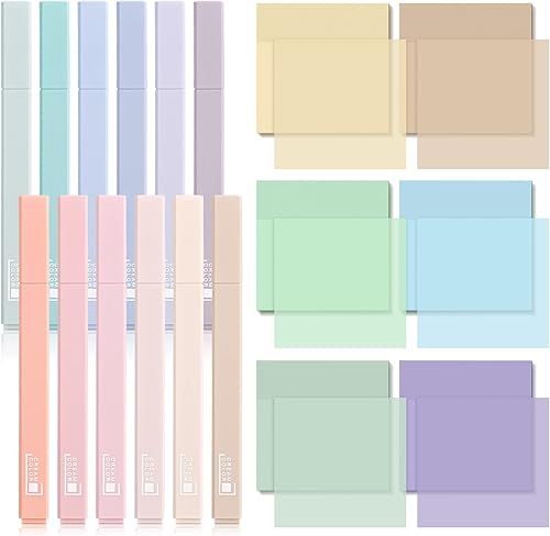 12 resaltadores bíblicos sin sangrado, punta de cincel de colores pastel, paquete de 6 300 hojas de colores crema, notas adhesivas transparentes de