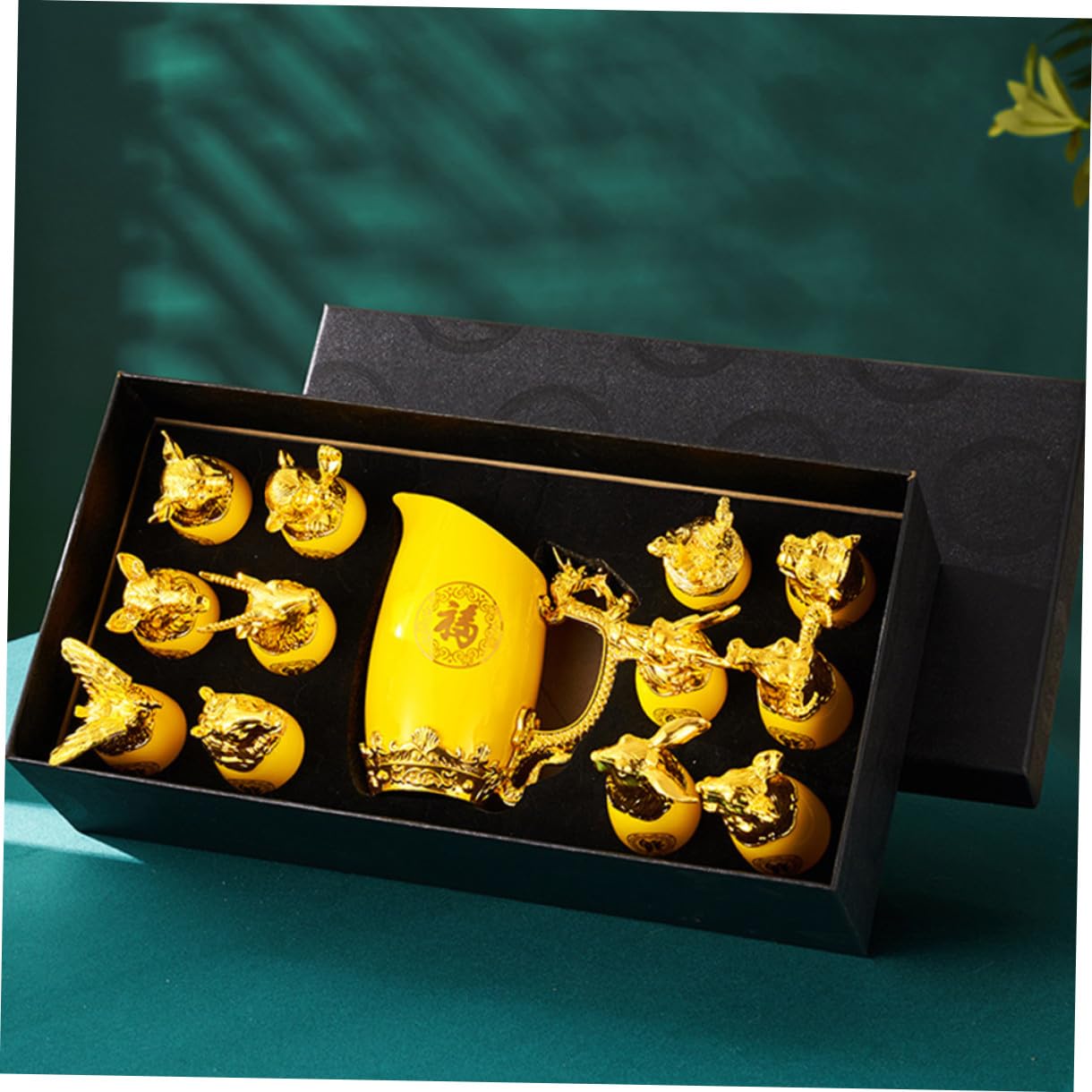 Set di 12 Bicchieri in Porcellana Zodiacali Cinesi per Vino Bianco Dosatore, Resistente e Raffinato, per Casa e Bar, Design Unico Animale Giallo Stili multipli