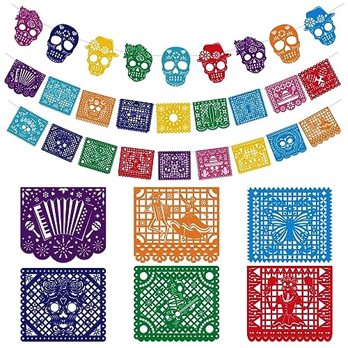 HOWAF Bandeiras do dia dos mortos decoração, bandeiras de festa mexicana bandeiras dia dos mortos colorida festa mexicana dia dos mortos Garland para bandeira Halloween decoração, A
