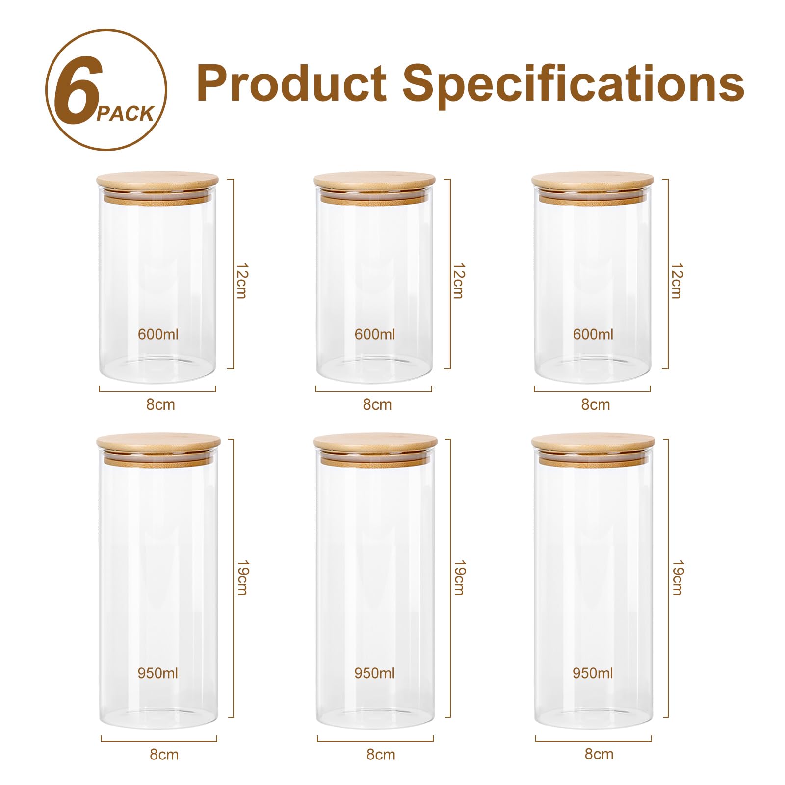 WellHome - Set van 6 glazen en houten potten, 600 ml