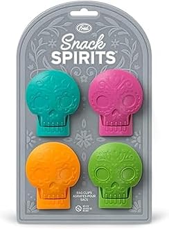 Genuine Fred SNACK SPIRITS Bag Clips, Set of 4, Molded Day of the Dead skull design, Dio de los Muertos, Colorful Calaveras, Bag Clips for food storage