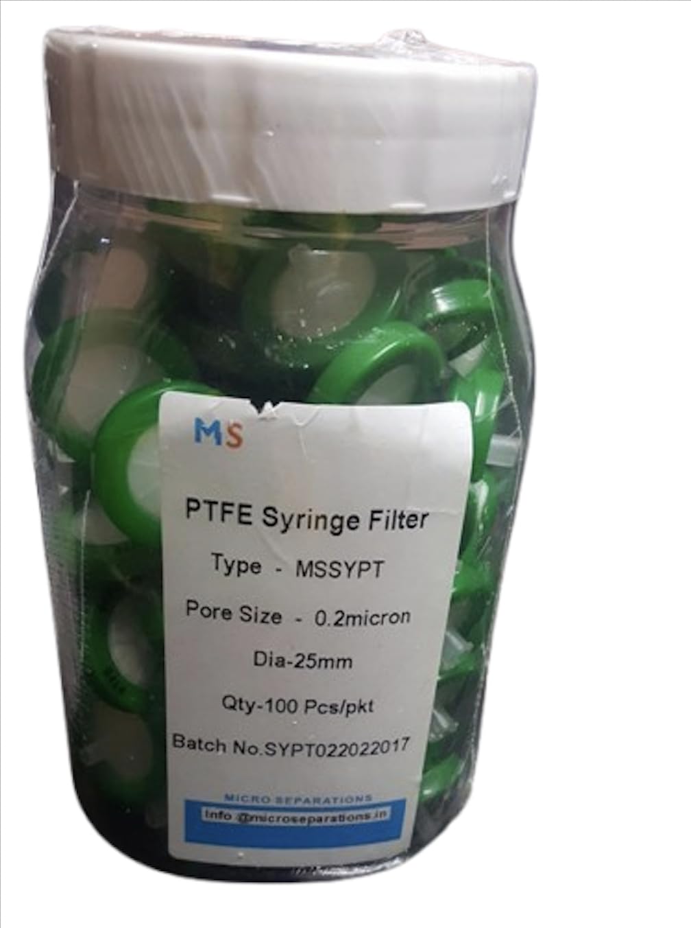 MS PTFE Syringe Filter, 0.22 μm Pore size 25 mm Diameter, Hydrophobic, PP Housing, Non-Sterile Pack of 100-picture-20