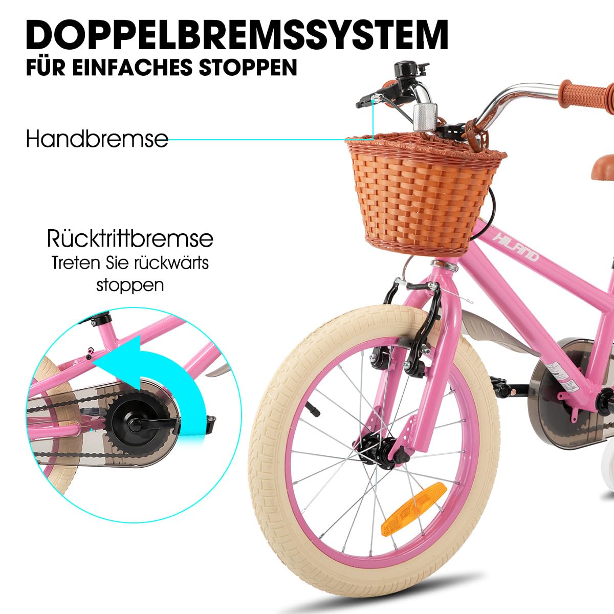 HILAND Spark 14/16/18 Zoll Kinderfahrrad für Mädchen, mit Stützrädern oder Ständer, Vorderhandbremse & Rücktrittbremse Fahrrad fur Kinder, Mädchenfahrrad mit Korb und Schutzblechen, Grün/Rosa