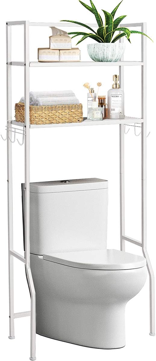 Giantex Over-The-Toilet Storage Space Saver Bathroom Metal Spacesaver Rack with 2 Tier Rack, Hooks and Adjustable Feet Multifunctional Toilet Space-Saving Storage