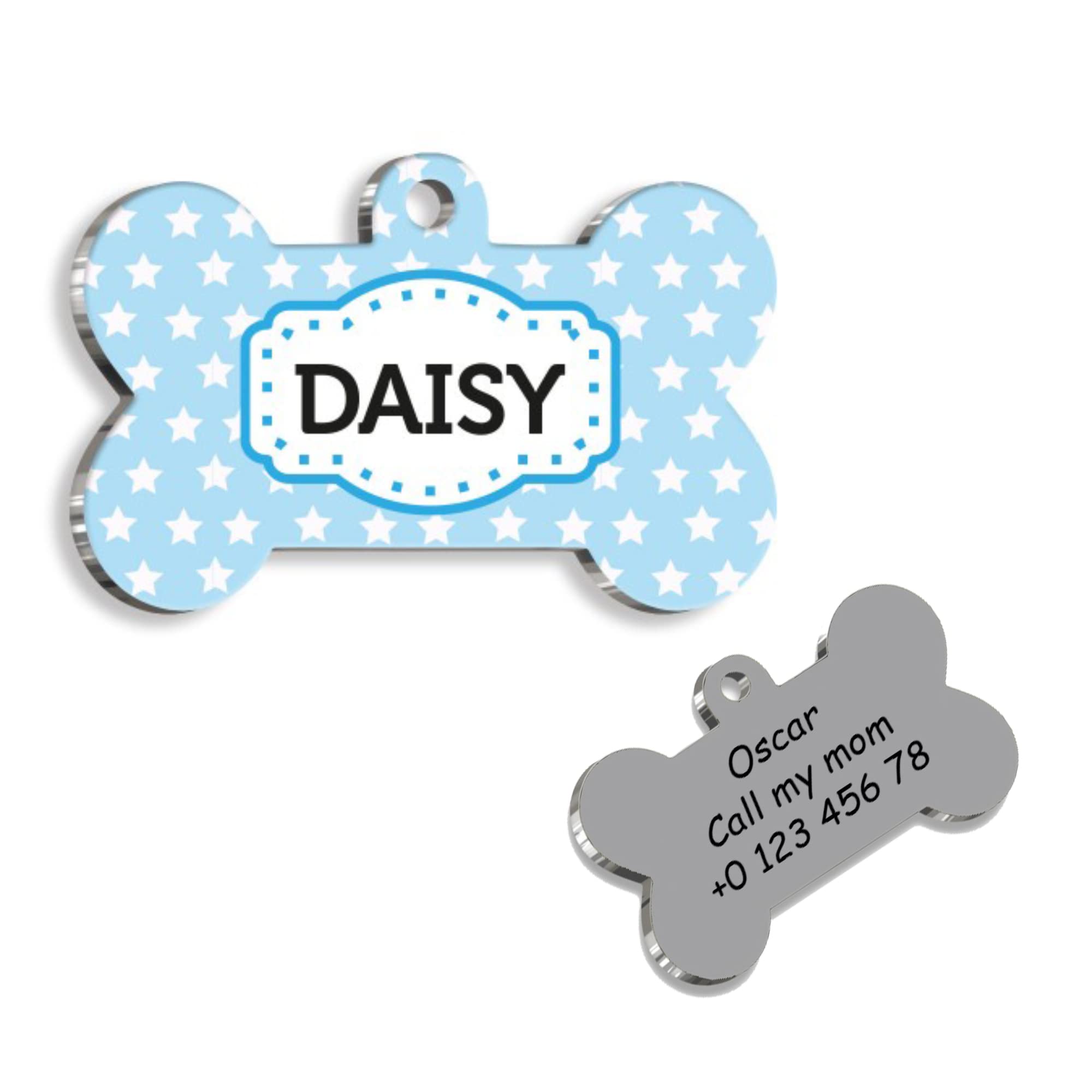 Blue Stars Bone Personalized Dog Tag - Custom Name Tag - ID Tag for Dog & Cat - Customized Pet Tags - Dog Name Tag - Cat Name Tag - Engraved Dog Tag
