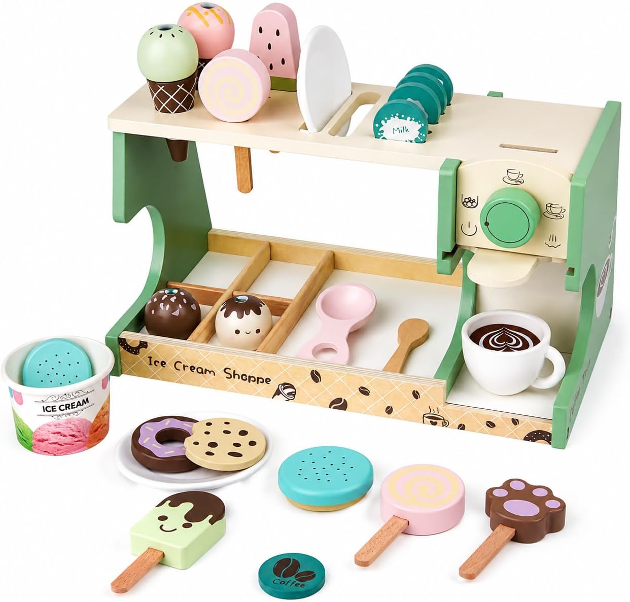 Wooden Ice Cream Shop & Kids Coffee Maker Playset - 24PCS Pretend Play Food Counter Toy with Reusable Menu & Espresso Bar Barista Kit - Montessori Gift for Toddlers Boys Girls Ages 3 4 5 6 7 8