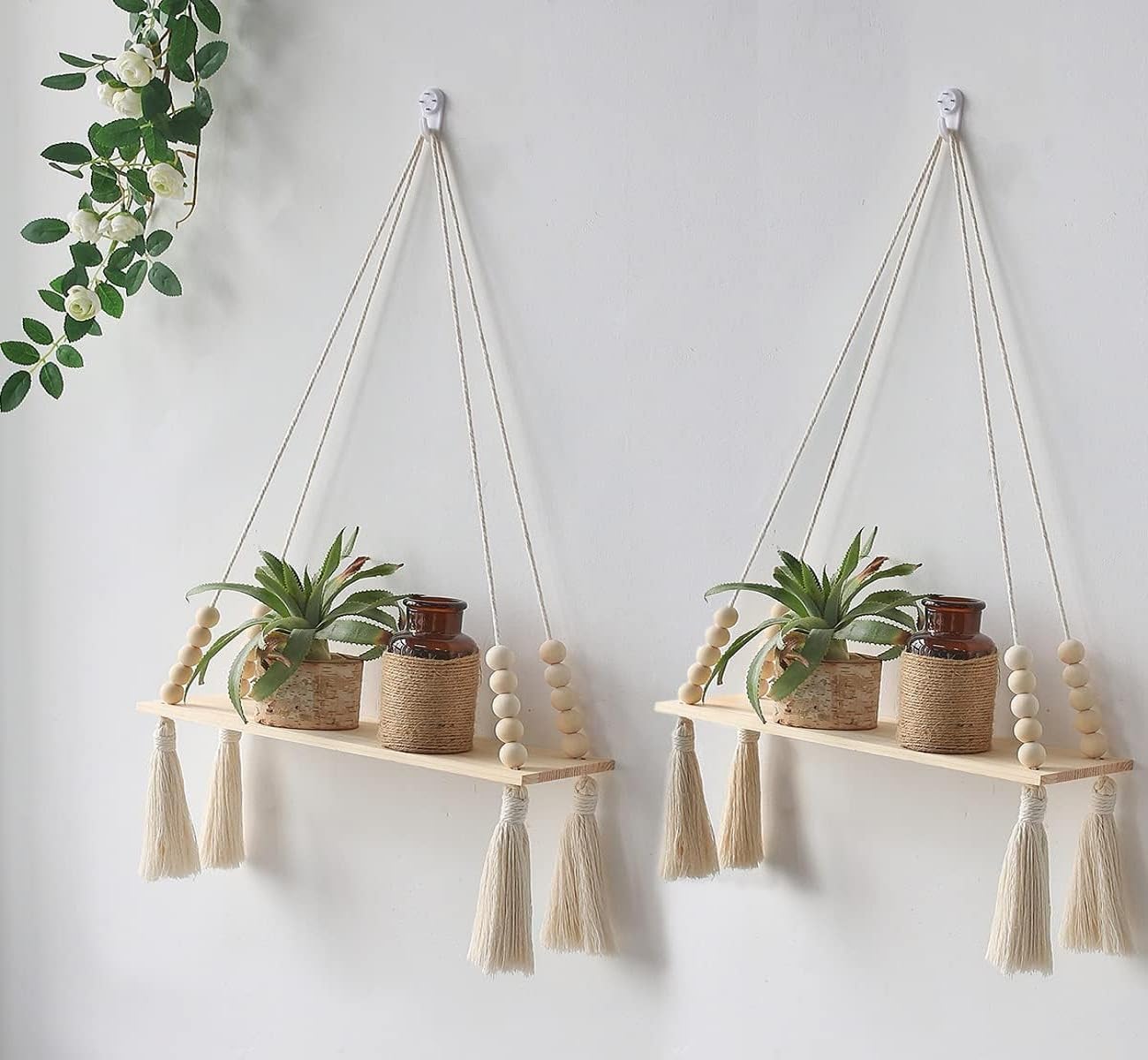 Saaz Cotton Macrame Wall Hanging Shelf for Home Decor Set of 2-Pieces|197|Woven Art for Home Decoration,Apartment, Dorm, Bed/Living Room, Nursery, Party Decoration 12X5X20 in, 2-Pcs, White (B0D5RBBRNH) Amazon Price History, Amazon Price Tracker