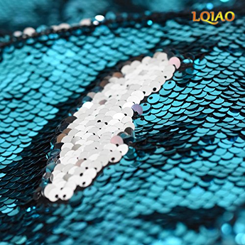 Lqing 125Cmx45Cm Turquoise Silver Reversible Sequin Fabric Two Tone Mesh Knit Mermaid Sequin Fabric Table/Wedding Decoration/Evening Dress #TOP1