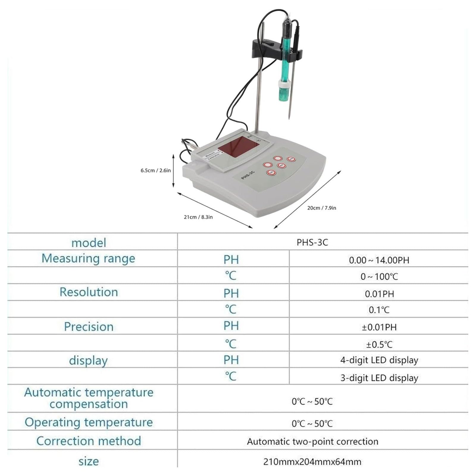 Misuratore di pH da laboratorio da tavolo, misuratore di pH da tavolo con calibrazione automatica dell'acidità, misuratore di acidità da tavolo con calibrazione automatica, precisione di pH ±0,01, cal