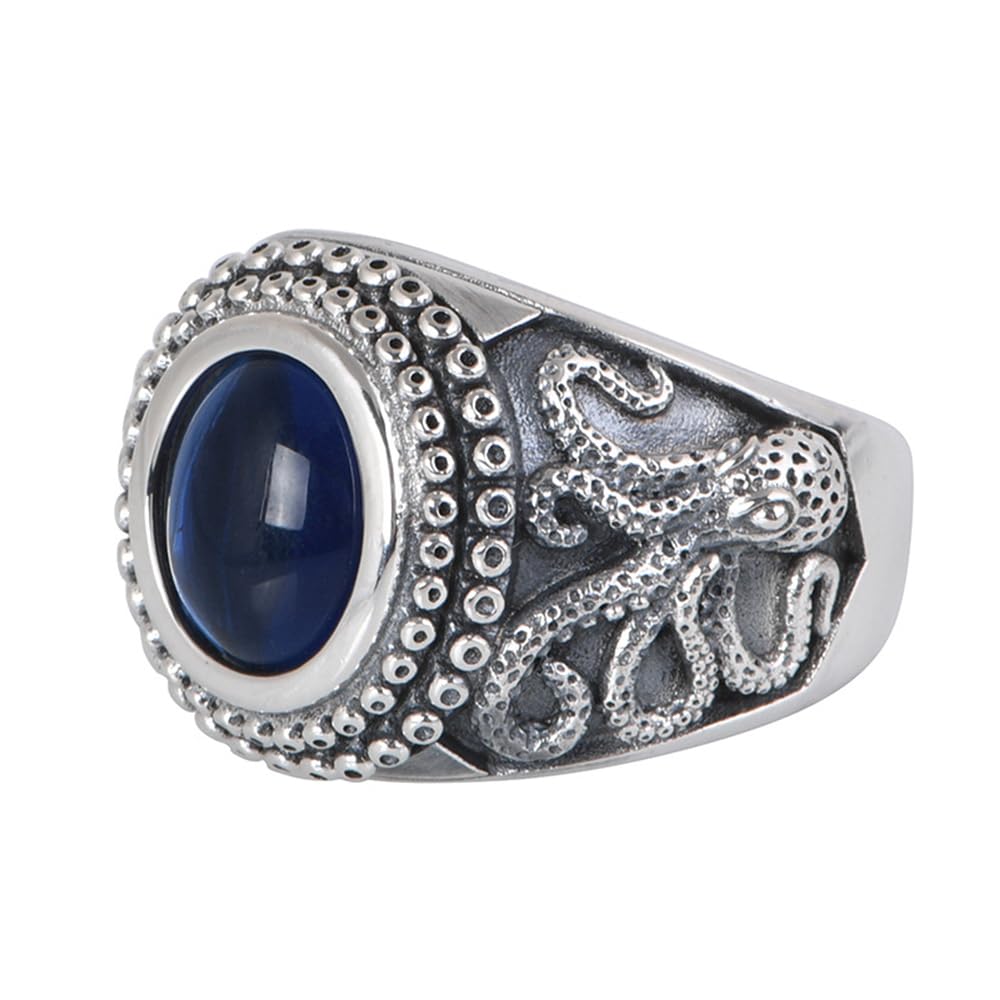 Oktopus Ring für Herren 925 Sterling Silber Seeungeheuer Kraken Tintenfisch Ring mit Blauem Stein Offen Verstellbar