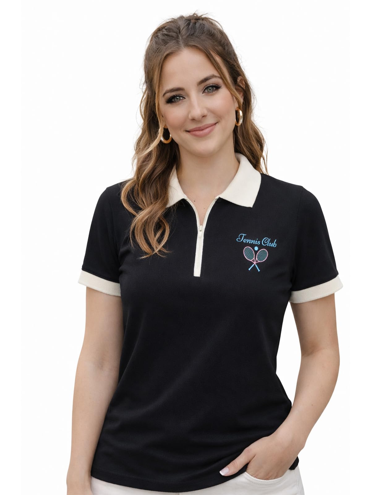 juneberry Women’s Regular Fit Lycra Polo T-Shirt V- Neck with Zipper Collar Design, Lycra Fabric for All-Day Comfort and Easy Everyday Styling (Sizes S to 2XL)-picture-29
