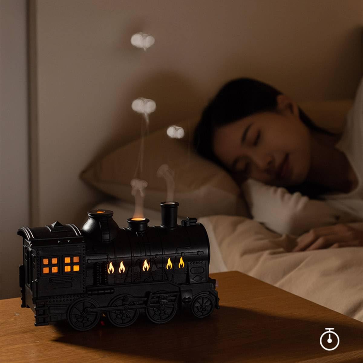 Lokomotywa parowa w stylu vintage, 300 ml, z brązu, podwójne oświetlenie LED, ultralekki nawilżacz powietrza, nawilżacz powietrza, dyfuzor oleju, aromaterapia z automatycznym wyłączaniem (czarny)