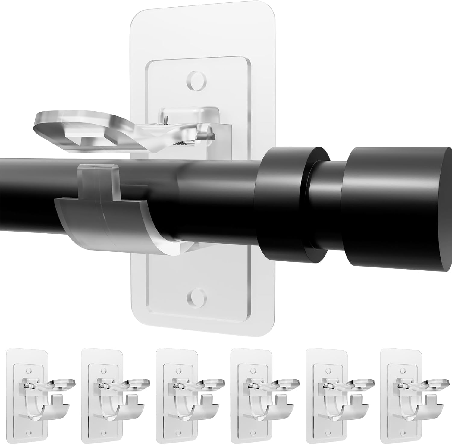 6 PC No Drill Curtain Rod Brackets - Large Self Adhesive Curtain Rod Holder Hooks with Screws, 2 Install Methods, Nail Free Curtain Rod Hangers, Multipurpose Adhesive Hooks for Bathroom Bedroom