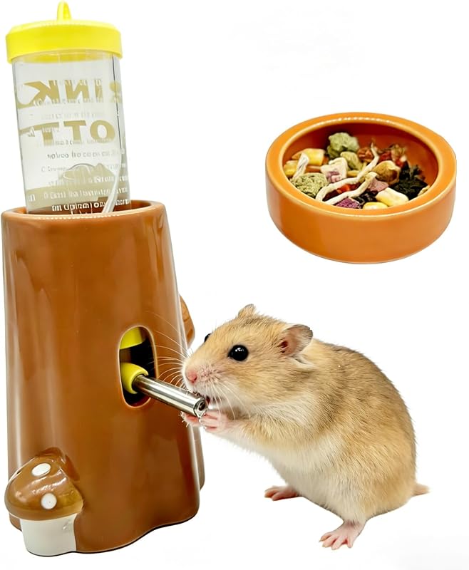 Botella de agua para hámster, dispensador de agua de cerámica ajustable para hámster, sin alimentador de goteo con tazón de comida para ratones, ratas, erizo, chinchilla, jerbo