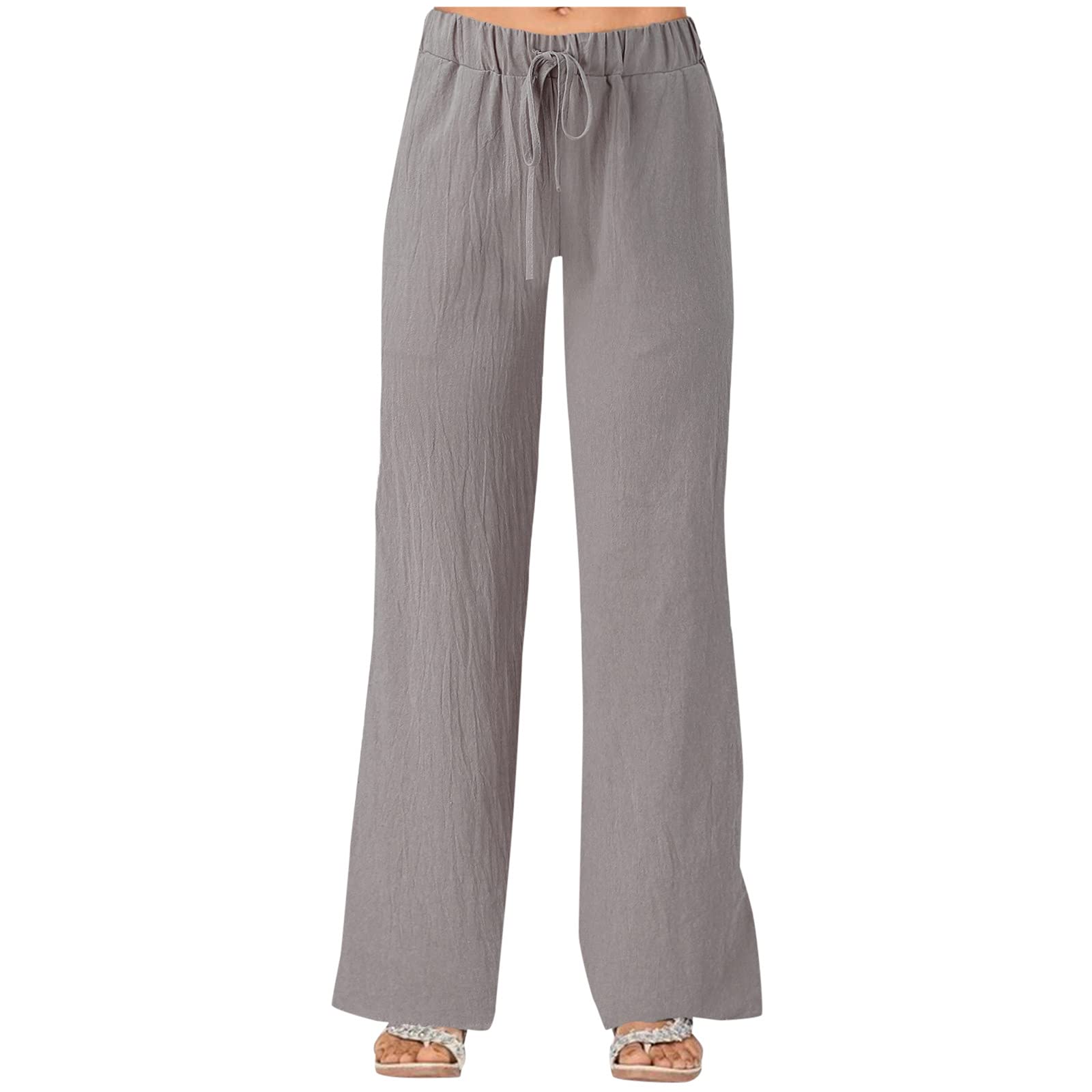 Womens Linen Trousers UK Summer Drawstring Elastic Waist Pants Ladies Straight Leg Linen Trouser Casual Lightweight Baggy Trousers Comfy Lounge Pants Grey L