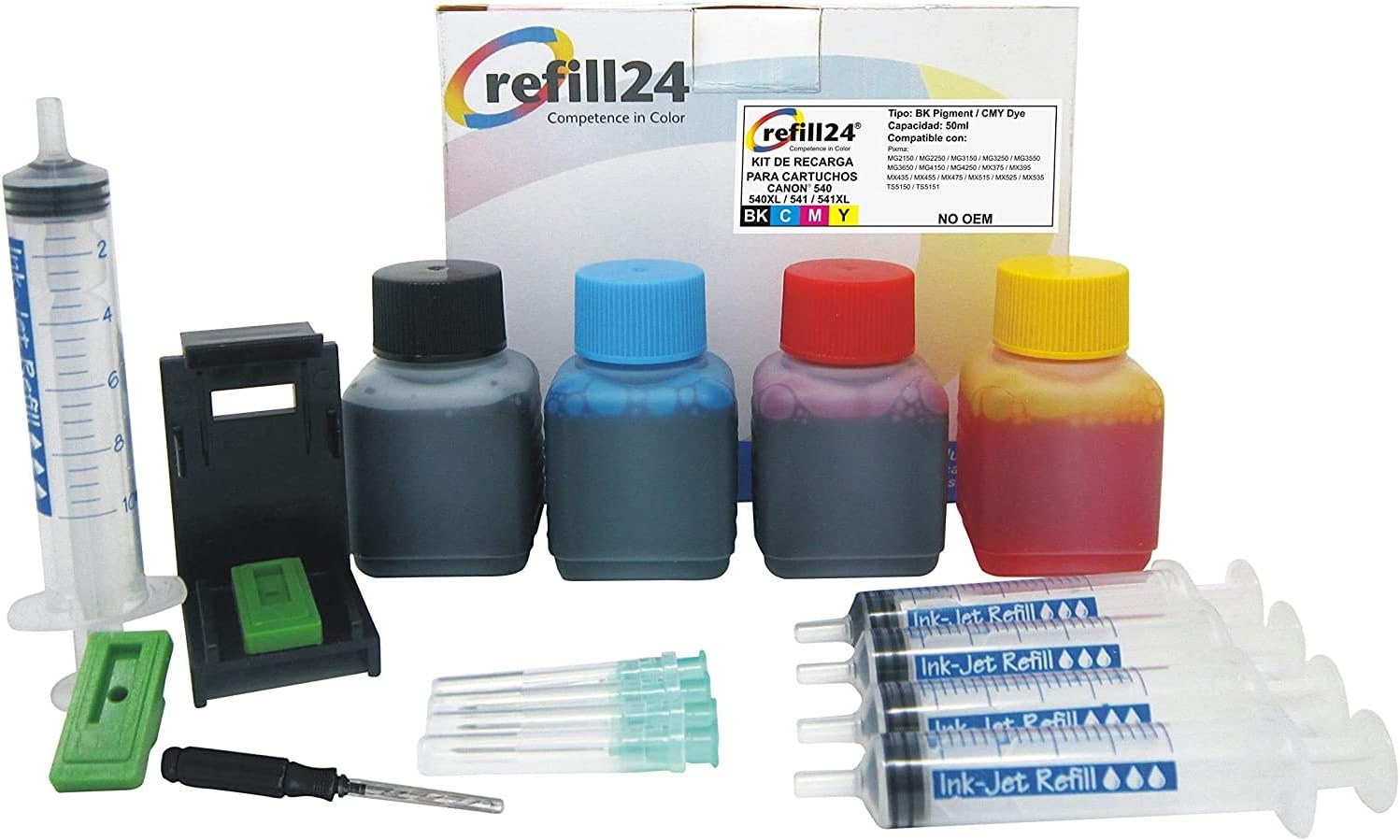 refill24Refill Kit Compatible with Canon 540, 541, 540 XL, 541 XL Ink Cartridges Black and Colour with Clip and Accessories + 200 ml Ink