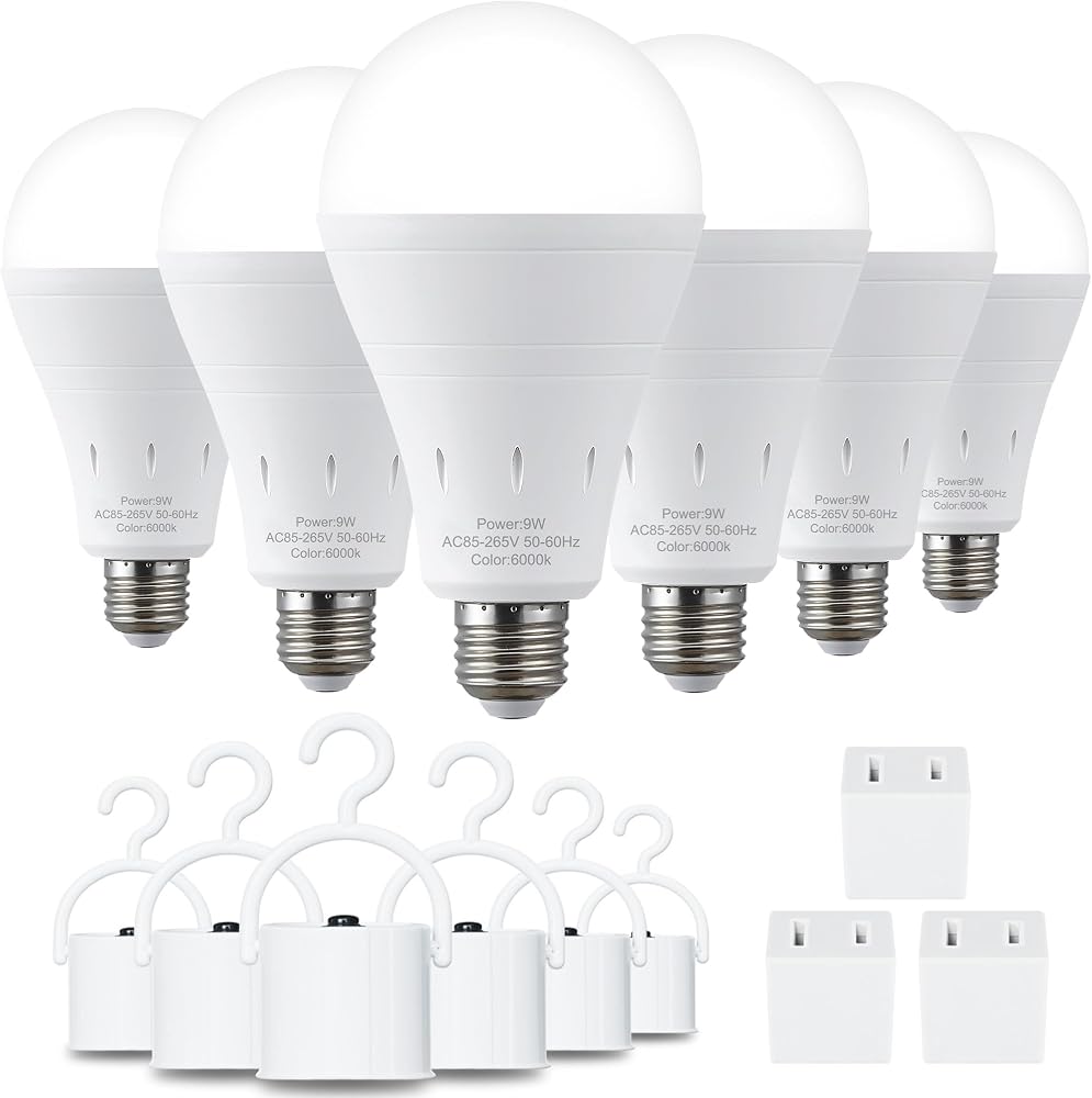 6팩 충전식 비상 전구, 배터리 전원 LED 전구 6000K 일광 E26 120볼트 9W 60W 1200mAh 상당 가정 정전 캠핑 허리케인용 — 사진 1