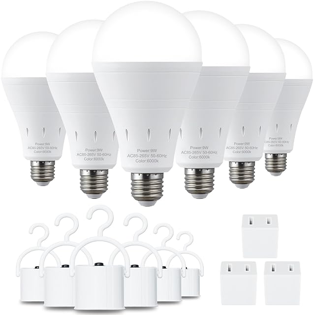 6 Pack Rechargeable Emergency Light Bulbs Battery Powered LED Light Bulb 6000K Daylight E26 120 Volt 9W 60W