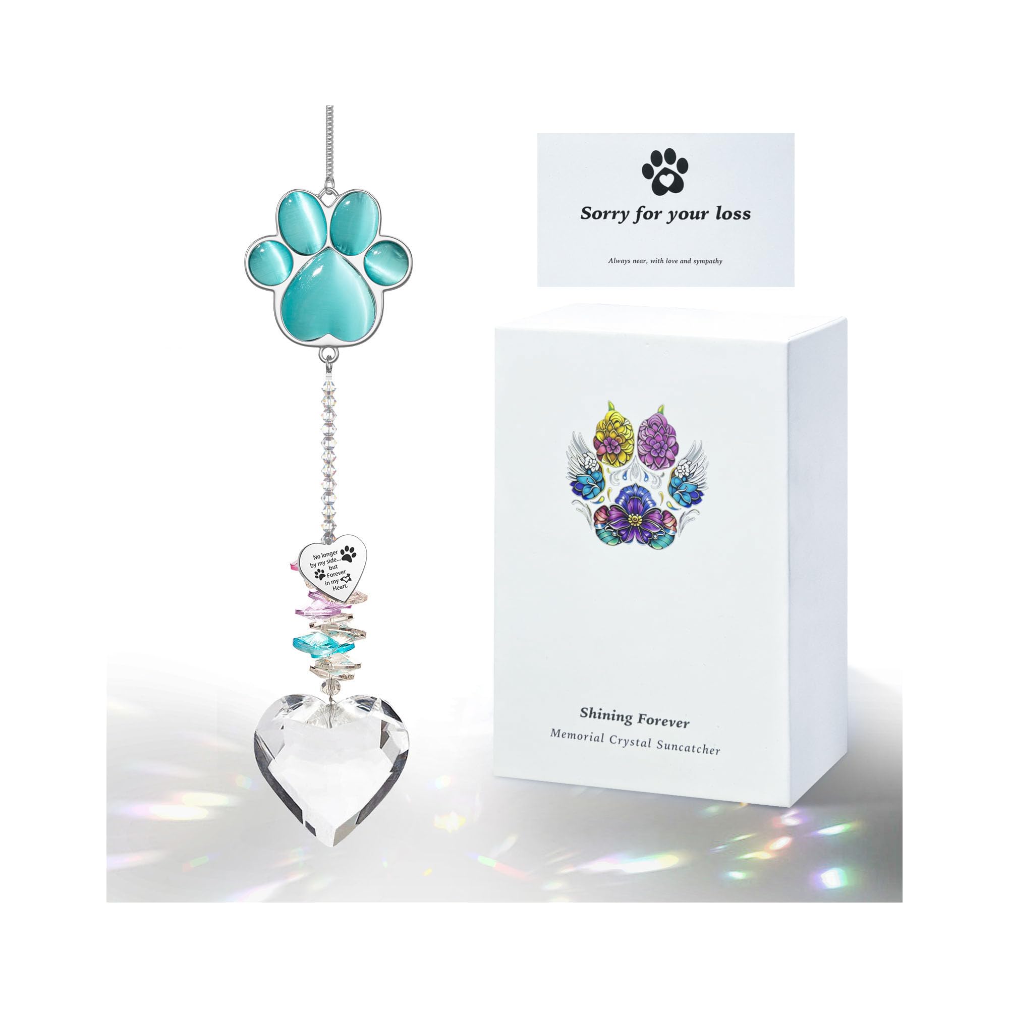Pet Memorial Suncatcher - Dog Memorial Gifts, Pet Loss Sympathy, Thoughtful Dogs and Cats Bereavement Remembrance Gifts, Natural Cat's Eye Paw Crystal Suncatcher(Peacock Blue)