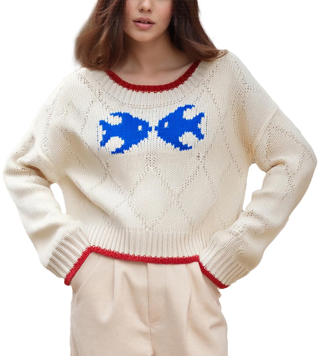 LILTWIST Fish Graphics Pullover Sweaters Womens Y2k Horse Oversized Knitted Sweatshirts Cute Sardine Crew Long Sleeve Sweater