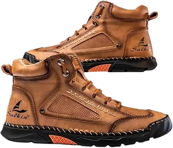 Sawbehind Mens Wide Leather Shoes for Hiking Working, Saw behind Men's Comfortable Handmade Boots–Waterproof, Arch Support, Spacious Toe Box, Non-Slip,Lightweight Breathable Outdoor Walking