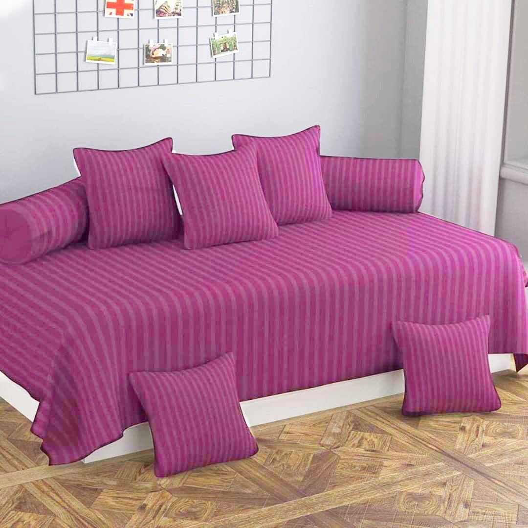 Castiqa Satin Fabric Stripes Patter Diwan Blend Set of 8 Pcs One Single Bed Sheet with 5 Cushions Covers and 2 Bolster Covers (Onion)-image-45