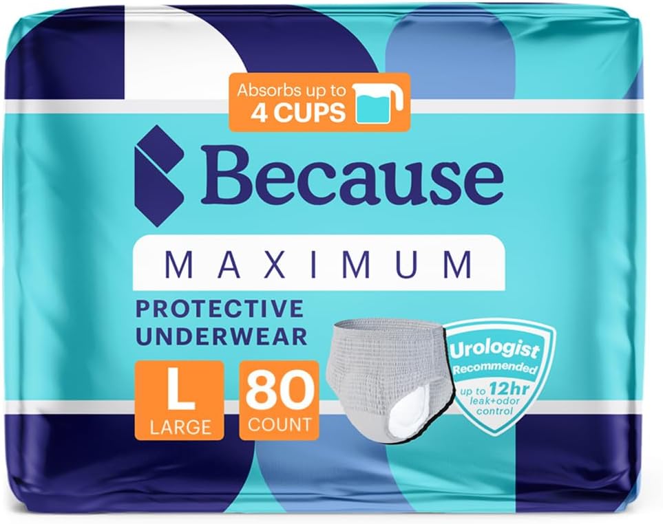 Because Maximum Incontinence Underwear for Men - Heavy Bladder Leak Protection, Ideal for Overnight Leakage, Sleek, Invisible Fit, Grey, Large - Absorbs 4 Cups - 80 Count (4 Packs of 20) Large (80 Count)