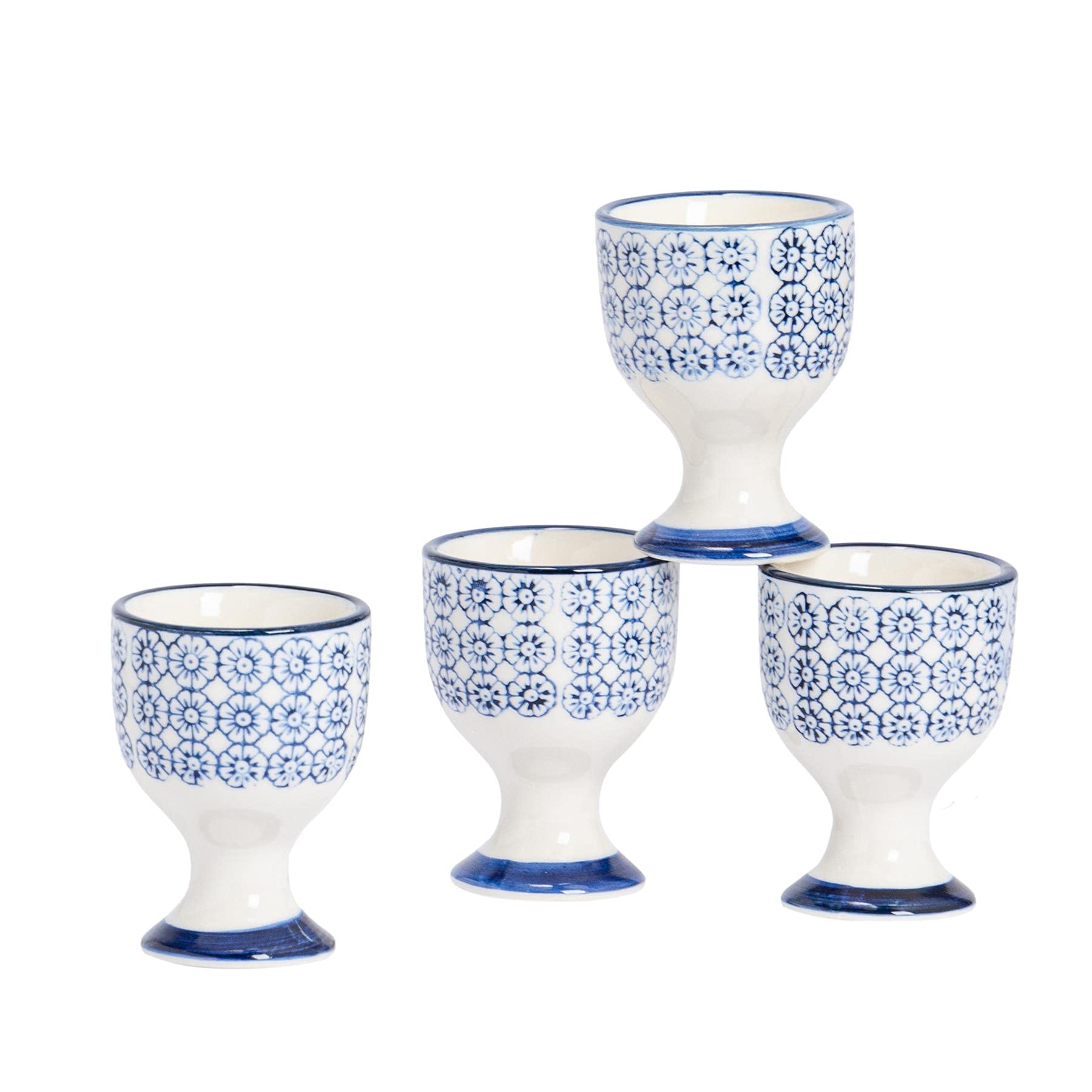 Nicola Spring Argon Tableware Hand Printed Egg Cups - Pack of 4 - Navy Porcelain Breakfast Brunch Easy Clean Hard Soft Boiled Eggs Dipping Holder Stand for Breakfast, Brunch