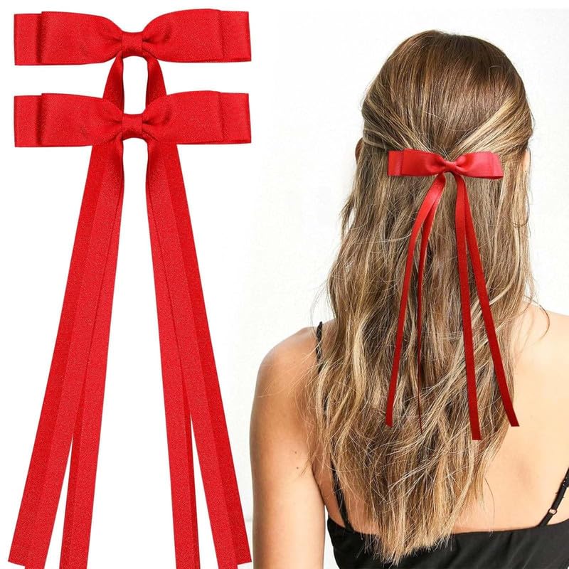 Cerun 2PCS Luxury Red Hair Bows for Women Girls, Tassel Ribbon Bowknot Hair Clips Barrettes for Girl with Small Long Tail Solid Satin Hair Accessories (Red)