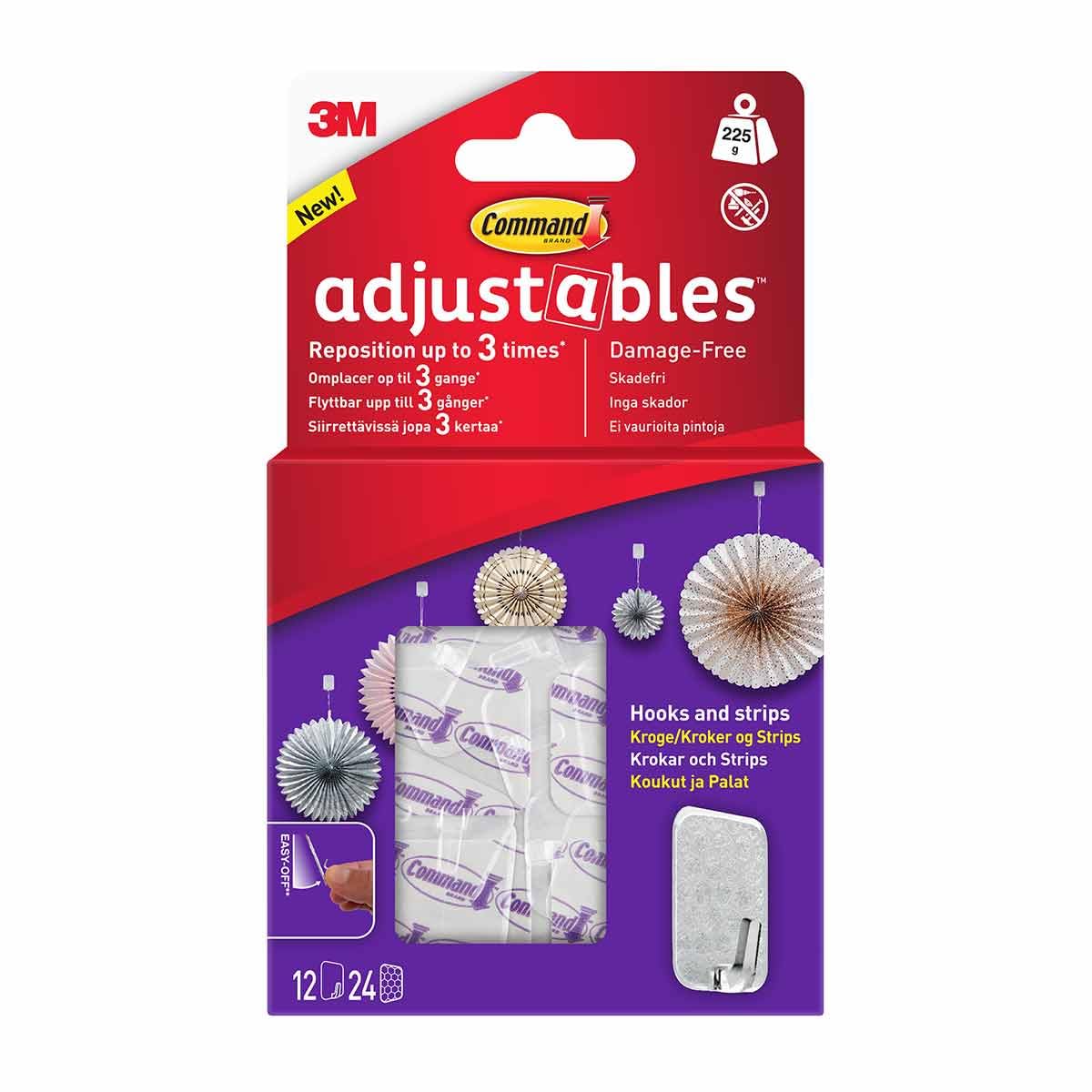 1 x 12 Pack Command Adjustable Repositionable Hooks And Strips 17830CLR-12UKN