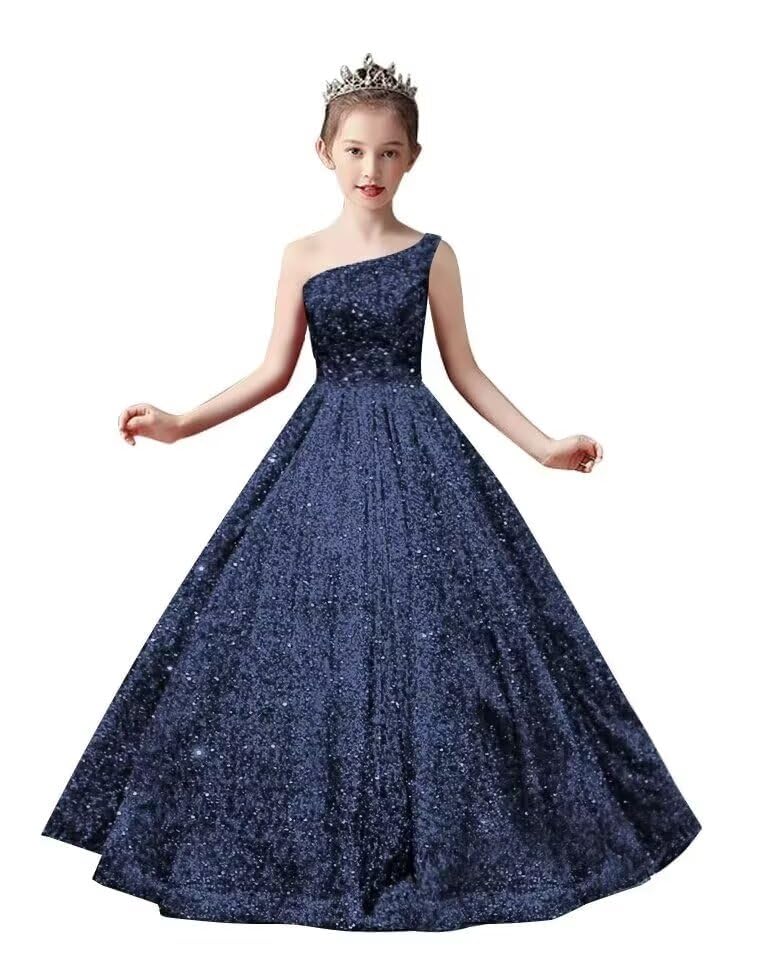 Sequin Flower Girl Dress One Shoulder Sequin Pageant Dress for Girls Sparkly Princess Kids Formal Party Dress