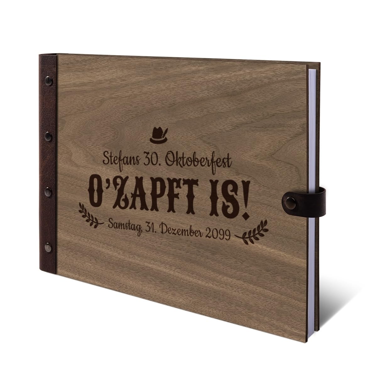 Personalisiertes Geburtstag Gästebuch echtes Holz DIN A4 Erinnerungsbuch mit Lasergravur - Ozapft is - mit 72 Blatt / 144 Seiten Naturpapier Weiß