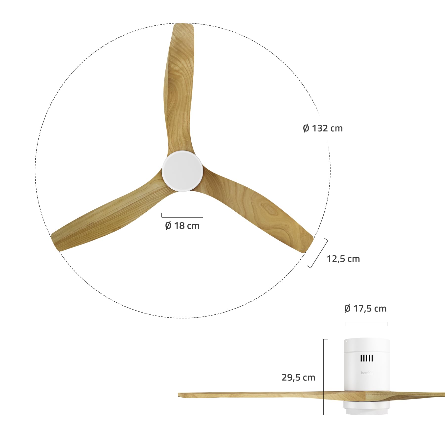Hombli Smart Deckenventilator mit LED-Licht, warmweiß, kaltweiß, dimmbar, Appsteuerung WLAN, 132 cm, leise 35W Motor, Räume bis 35 qm - Holz hell | Ventilator mit Beleuchtung, App-Steuerung, Räume bis 35 qm, LED-Licht, warmweiß, niederländische Marke für