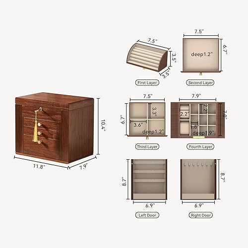 Miniatura 4 de Joyero de madera de nogal negro, organizador de joyas de madera con 2 puertas laterales, espejo con cerradura, clásico, para reloj, collar, anillos,