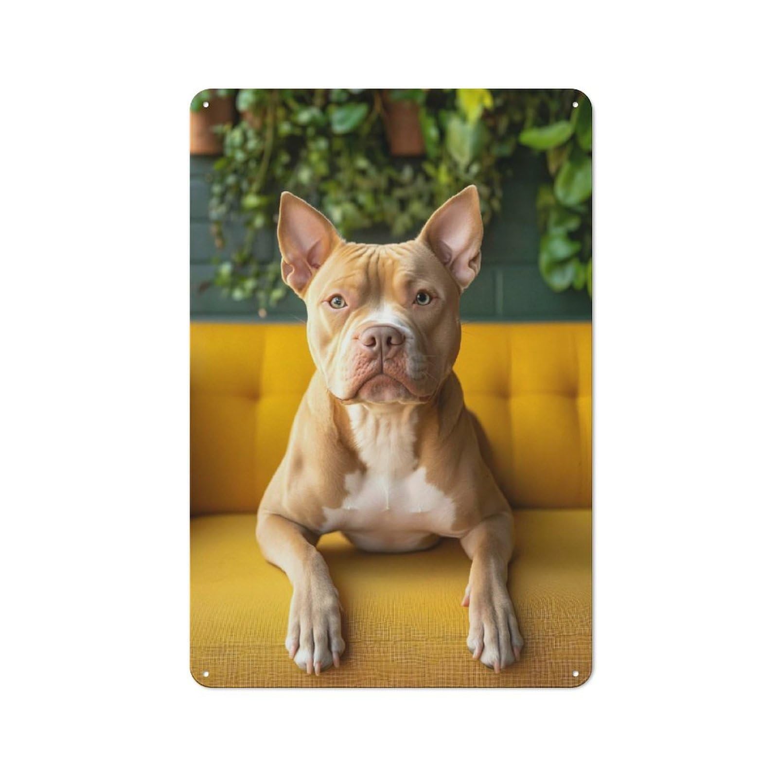 Junmoney Style-22 Retro Metal Wall Sign 30X20cm Featuring Pitbull Dog Portrait On Yellow Couch For Pub Or Café, For Garage, Workshop And Man Cave Decoration