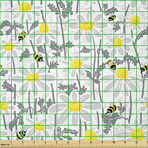 Image of Ambesonne Yellow Fabric by The Yard, Pattern with Bees and Chamomile Daisy Flowers in Flourishing Meadow Nature, Stretch Knit Fabric for Clothing Sewing and Arts Crafts, 2 Yards, Yellow Cream