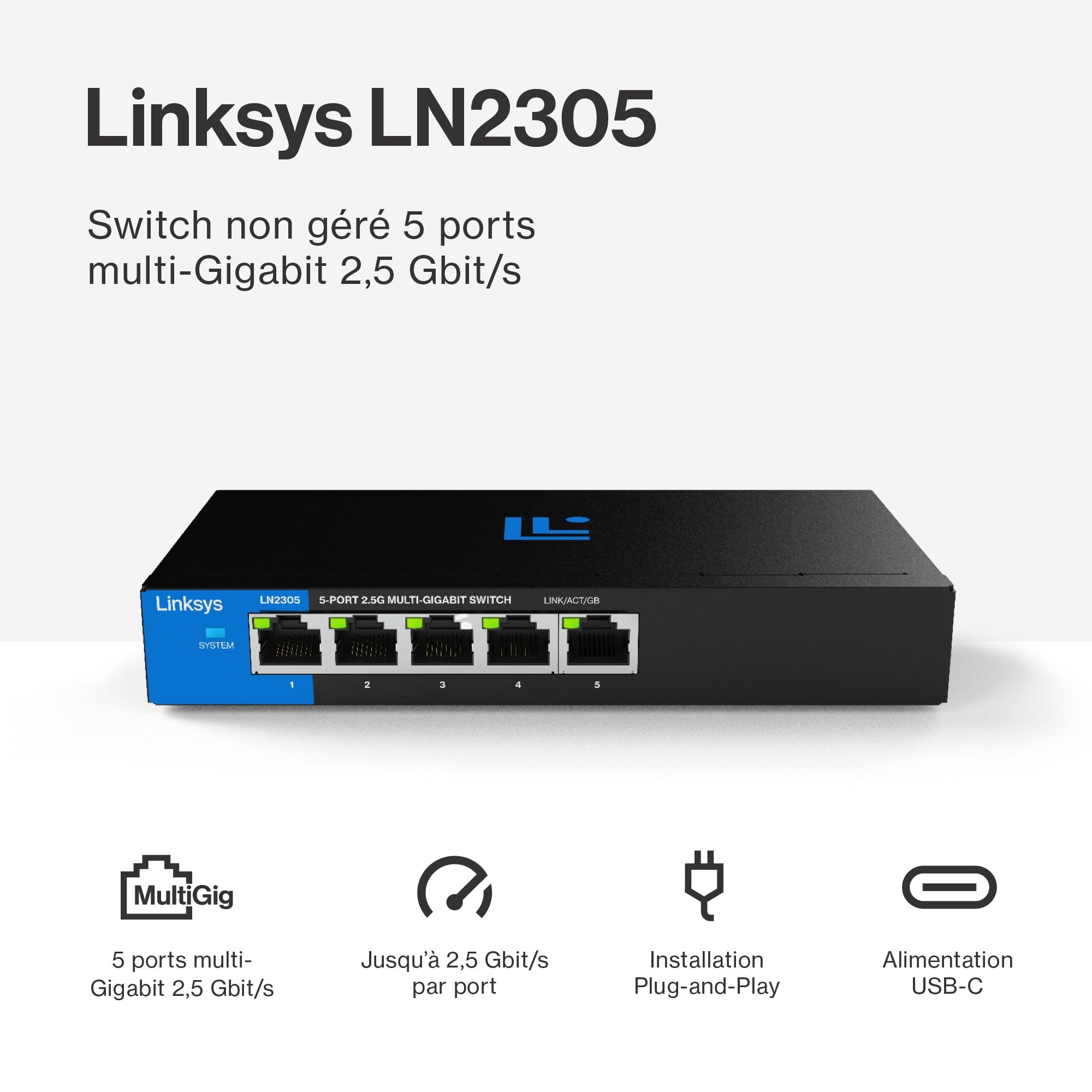 Linksys Commutateur Non géré Multi-Prises 5 Ports 2,5 G | Ethernet économe en énergie | Contrôle du Flux Duplex intégral | Idéal pour Les Petits Bureaux et Les Bureaux à Domicile avec Design sans