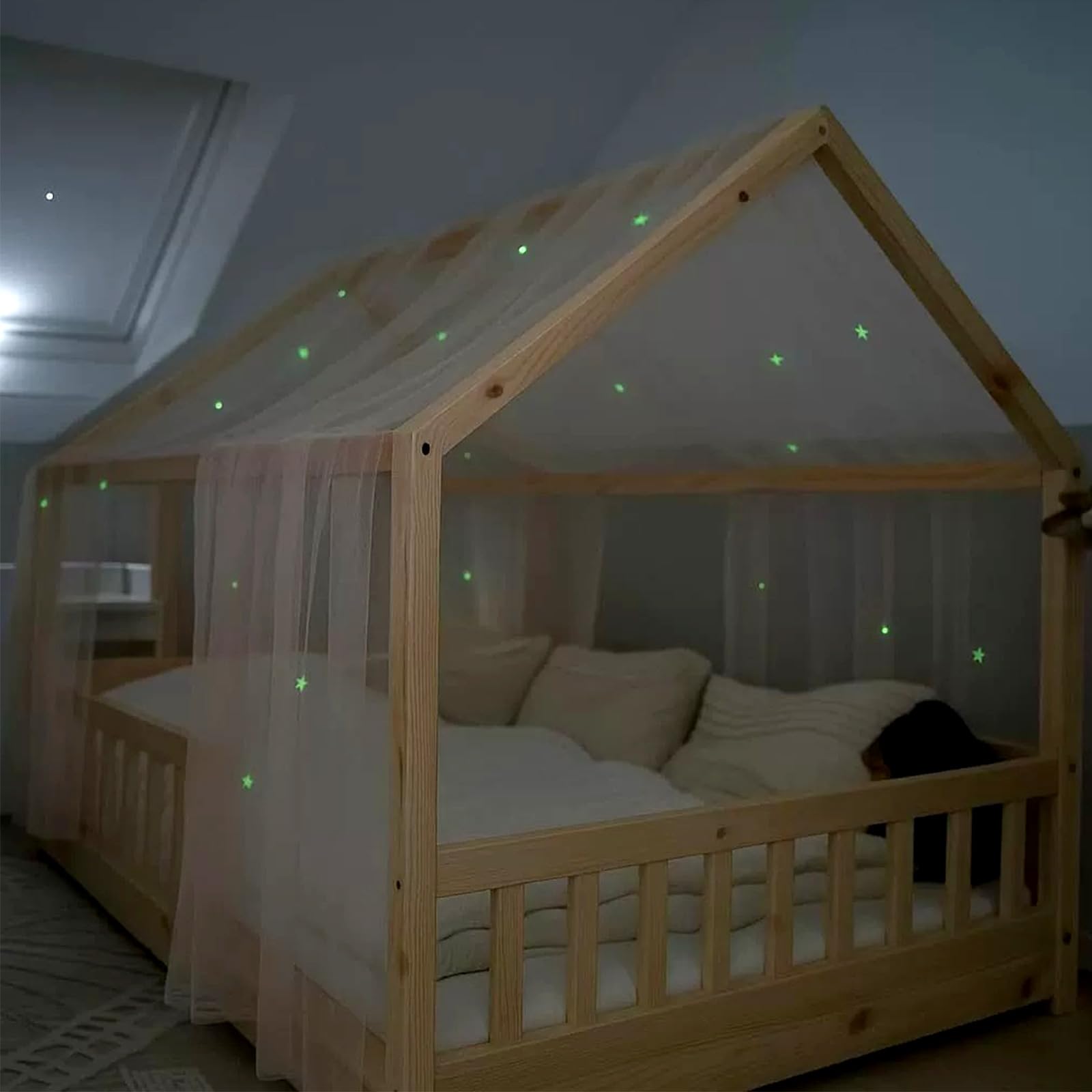 Ciel de lit avec étoiles lumineuses, baldaquin, décoration pour chambre d'enfant, cadeau pour fille/garçon, 135 x 420 cm, ciel de lit, rideaux décoratifs, lits d'enfant avec étoiles