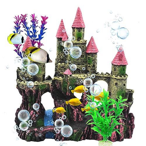 Aquarium Castle Decorations, Resin Castle for Fish Tank with Randomly Color Plants Decor Accessories for Freshwater and Saltwater Fish Tanks (Pink)