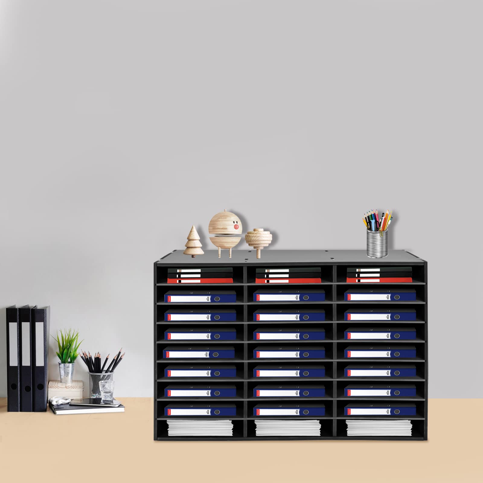 Organizer na literaturę, 27 przegródek na dokumenty (czarny) | 80 x 30,5 x 55 cm, segregator na dokumenty, do 50 kg, PCW, do biura, sali lekcyjnej